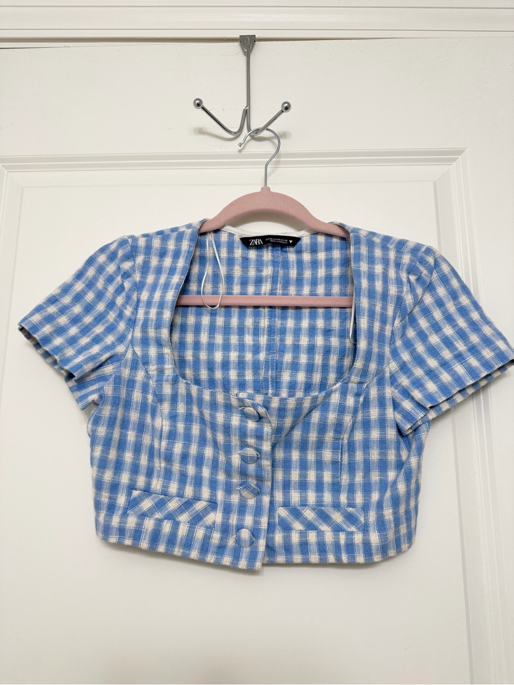 Zara Light Blue and White Gingham Short-Sleeve Crop Top